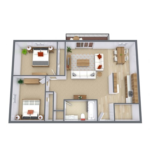 Floor plan for 2 beds, 1 bath, 958 sqft